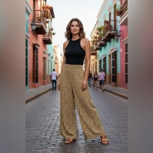 American Eagle high waist wide leg pants yellow with white flowers flowy XS #EJ